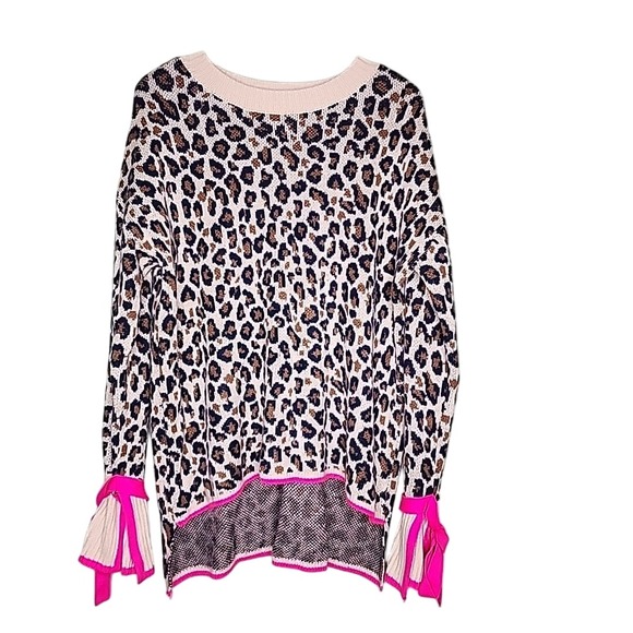 Crown & Ivy Sweater XL Animal Print Pink Hi Lo Hem Tie Sleeve Round Neck Leopard - Picture 1 of 7